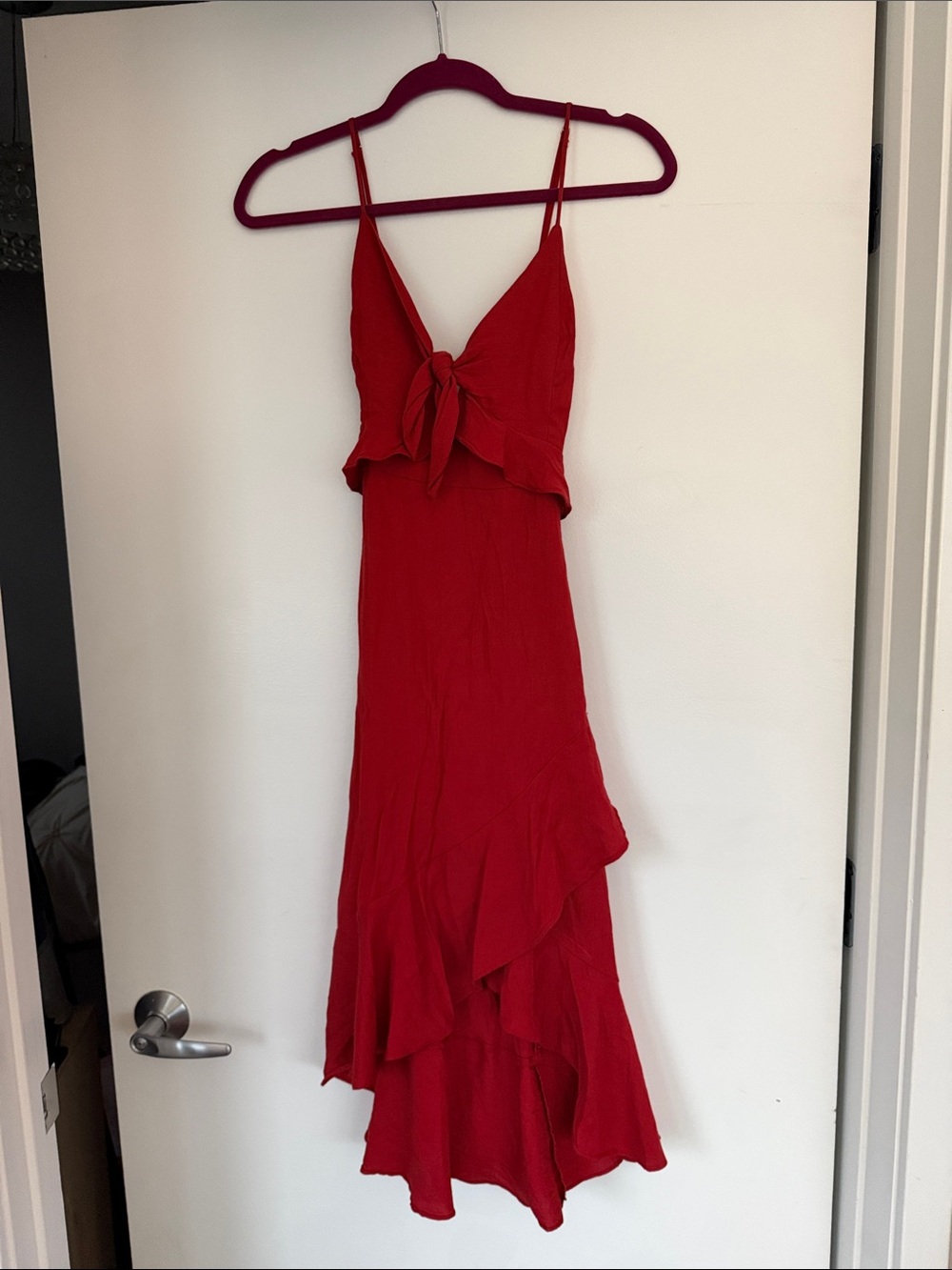 The Impeccable Pig Red Tie-Front High-Low Ruffle Dress